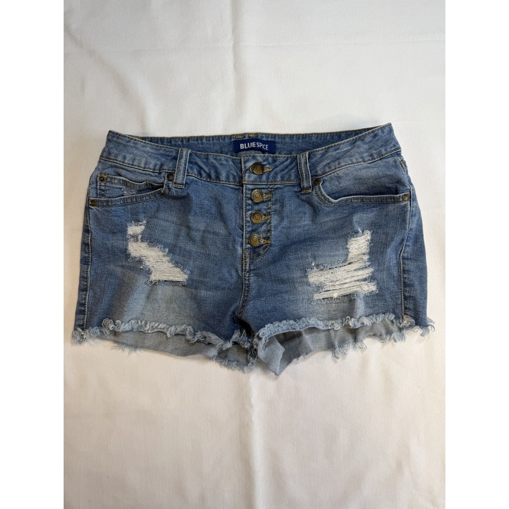 Blue‎ Spice Denim Shorts Juniors Size 9 Distressed Light Wash Button Fly Raw Hem